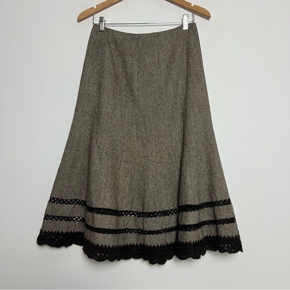 Talbots Vintage Brown Wool Silk Blend Embroidered Detail Flare Hem Midi Skirt - Picture 1 of 7